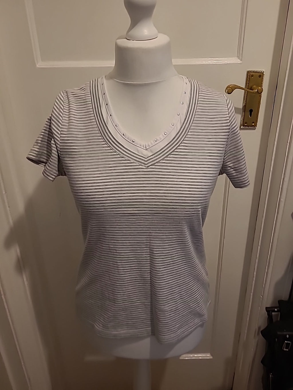 Ladies BM Casual Size Medium Grey And White Striped Short Sleeved Blouse