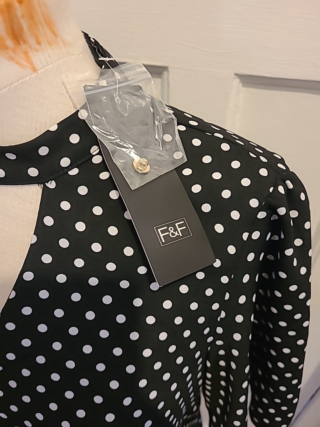 Brand New Ladies F&F Size 10 Navy White Spotted Short Sleeved Blouse