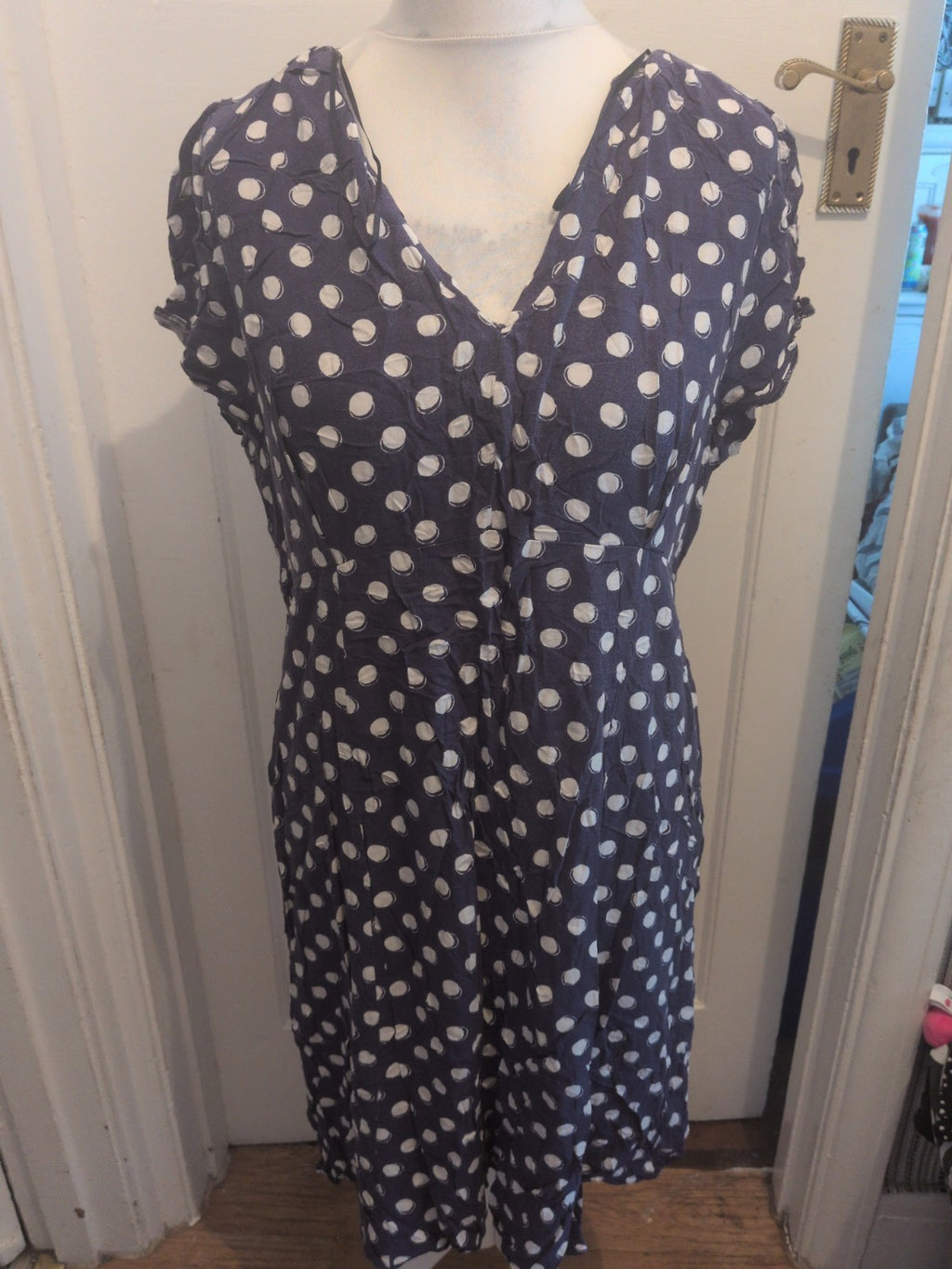 Ladies George Size 20 Navy And White Spot Short Sleeve Dress Knee-Midi