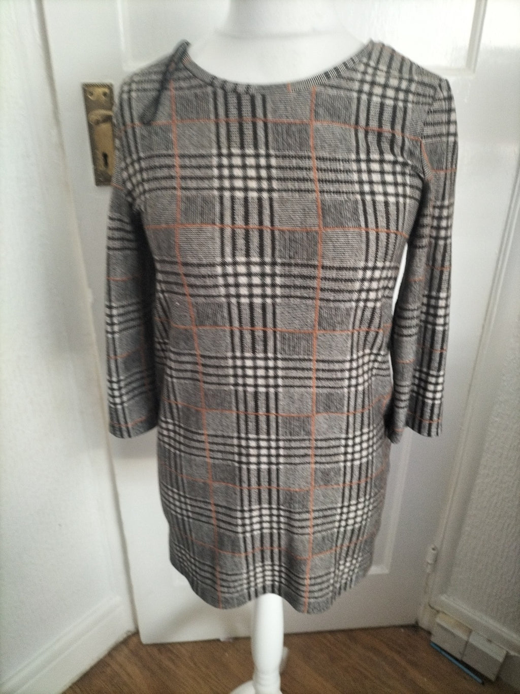 Ladies Tu Size 12 Orange Grey Beige Check 3/4 Sleeved Blouse