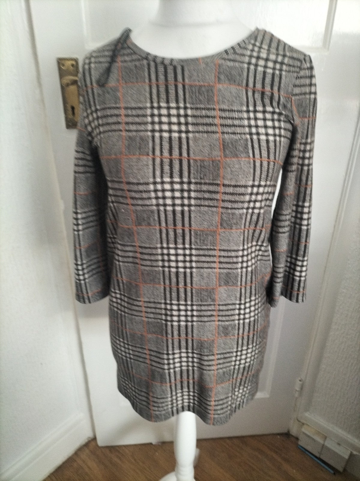 Ladies Tu Size 12 Orange Grey Beige Check 3/4 Sleeved Blouse