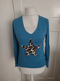 Ladies Size Large Blue Star V Neck Blouse Long Sleeved