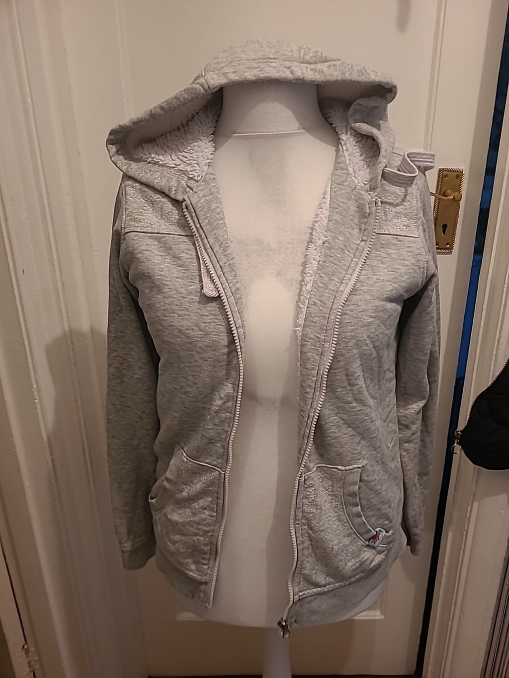 Ladies Crivit Size Medium Grey With White Fleece Lined Full Zip Hoodie