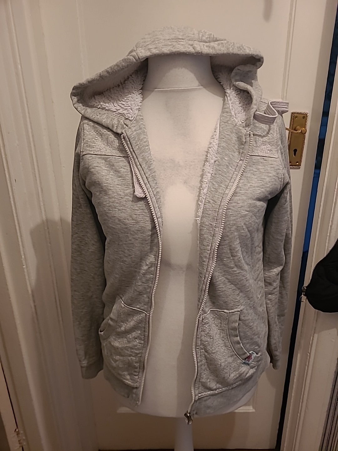 Ladies Crivit Size Medium Grey With White Fleece Lined Full Zip Hoodie