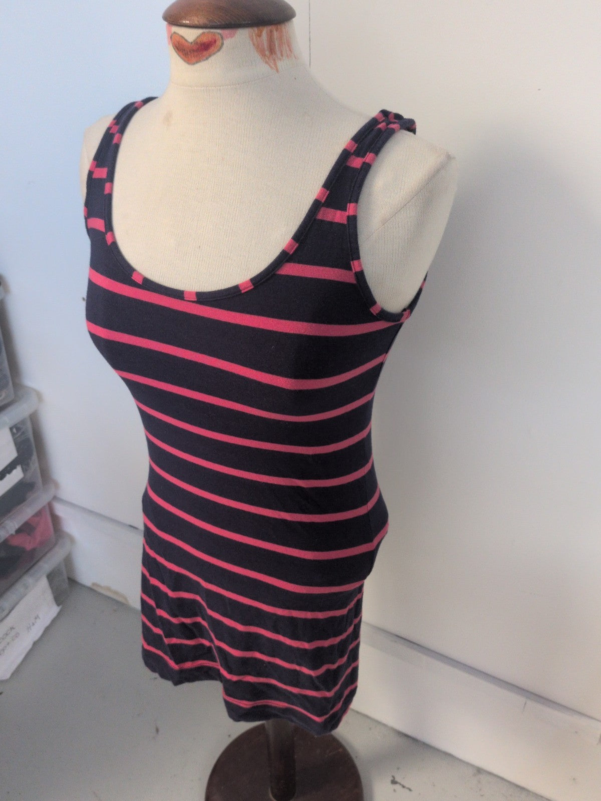 Topshop 10 Navy And Cerise Stripe Sleeveless Longline T-shirt