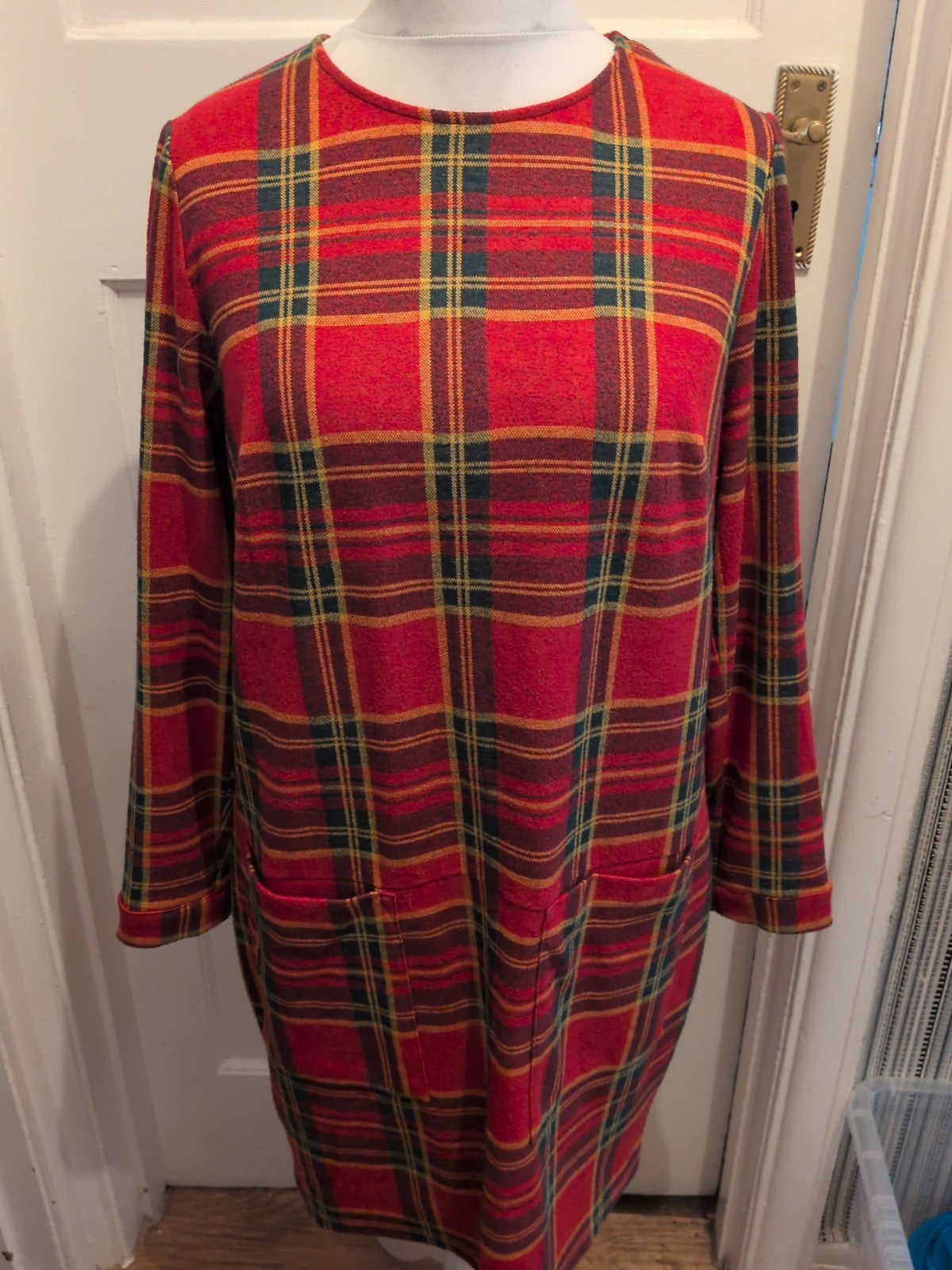 TU 16 Red Green Yellow Check Long Sleeved Dress