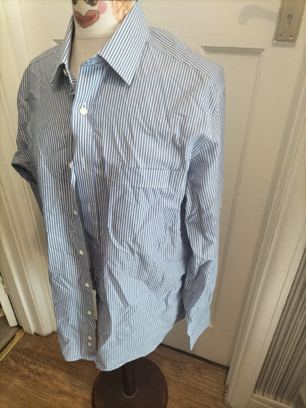 Mens Marks And Spencer Size 16" Blue White Striped Long Sleeved Cotton Rich...