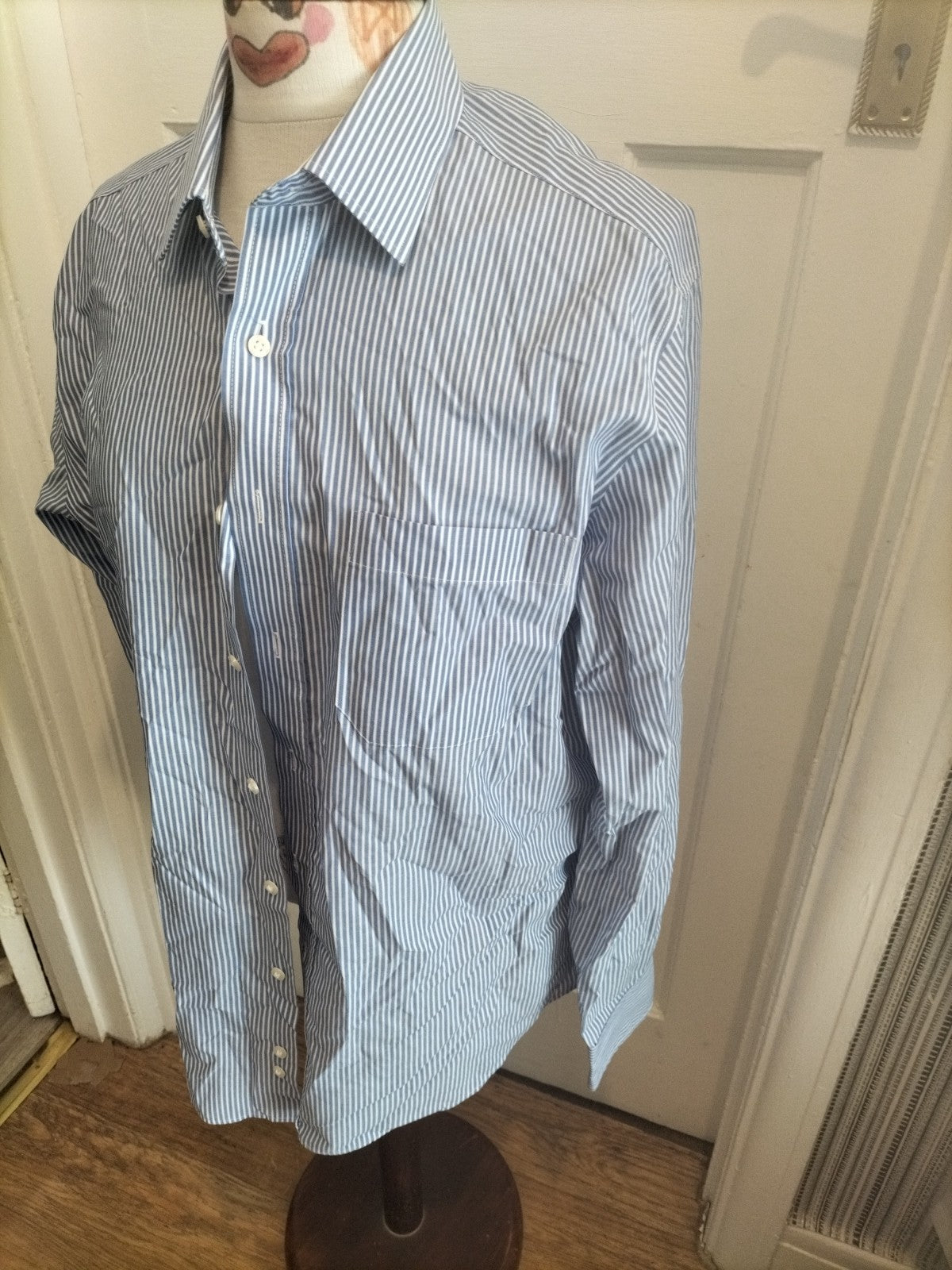 Mens Marks And Spencer Size 16" Blue White Striped Long Sleeved Cotton Rich...