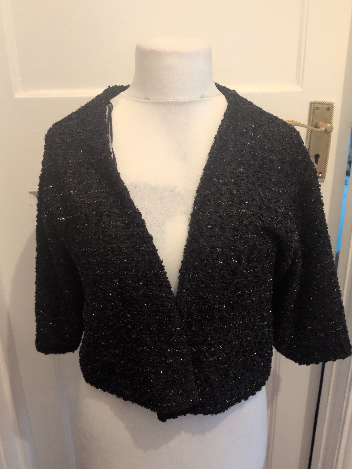 H&M Size 14 Black Shimmery Short Sleeve Cardigan/Blouse