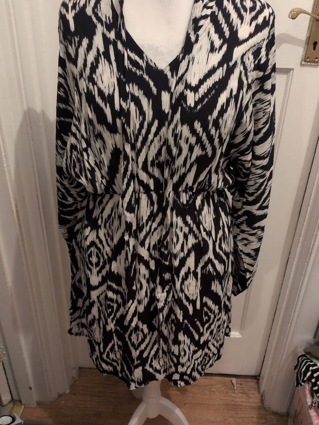 TU 12 Black And Ivory Streak Fit And Flare Dress Midi Long Sleeve
