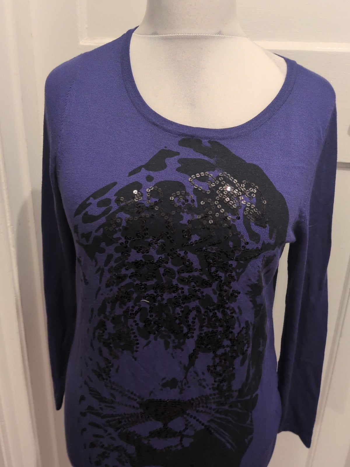 Large Blue And Black Sequin Long Sleeve Blouse Lightweight Jumper