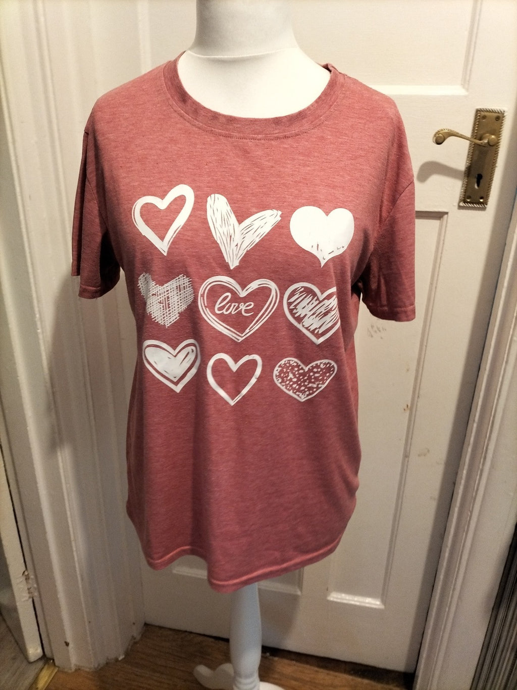 Ladies Size Large Pink With White Hearts Short Sleeved Tshirt