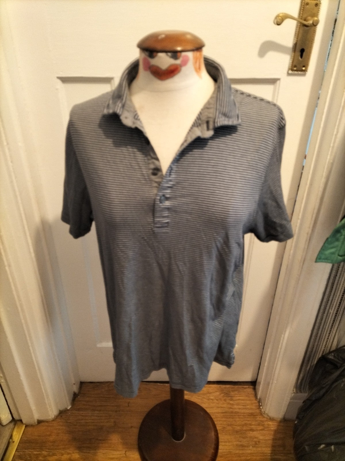 Mens Marks And Spencer Size Large Tailored Fit Navy Grey Striped Polo