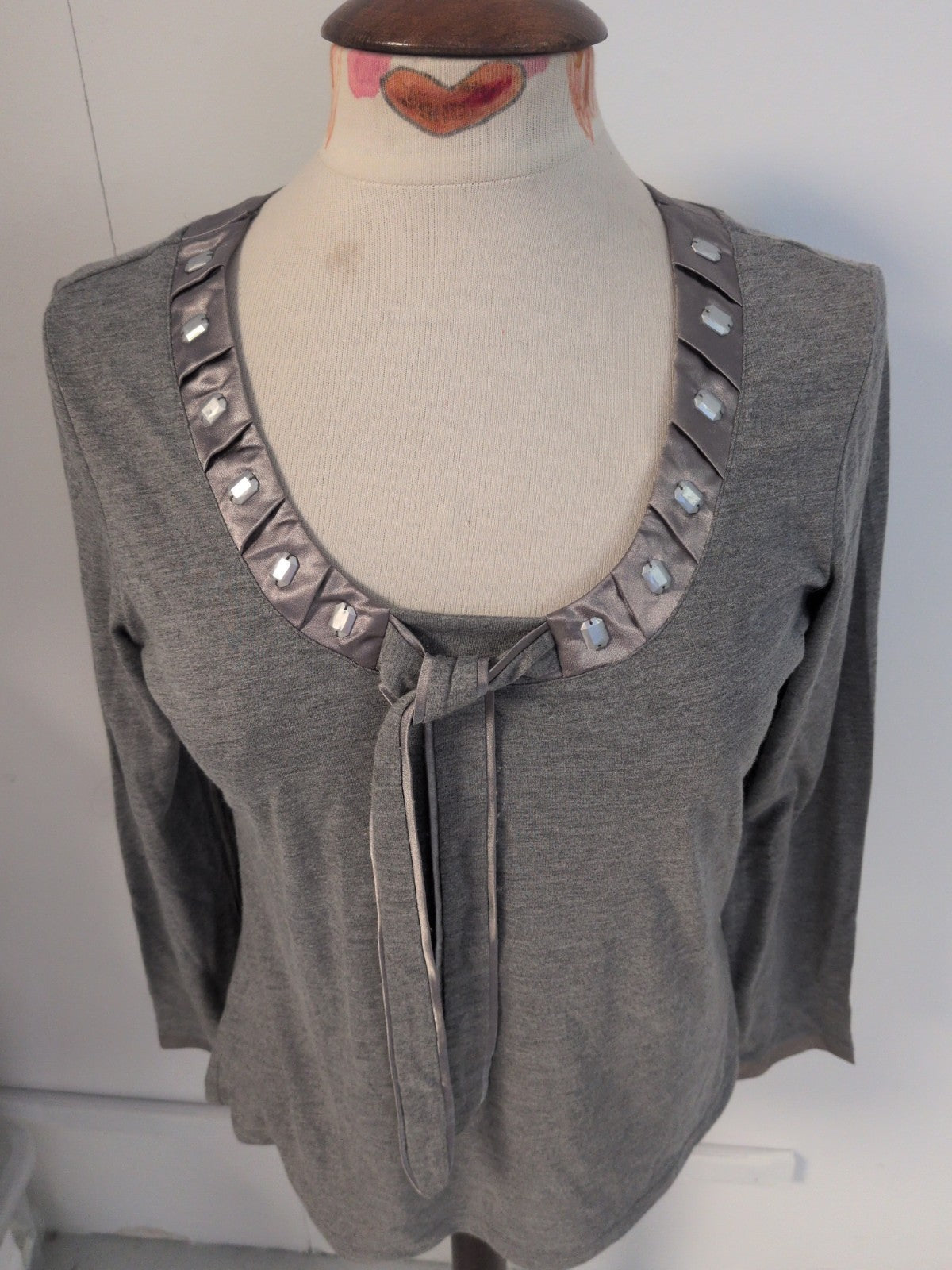 Per Una 12 Grey Long Sleeve Pattern Neck Blouse
