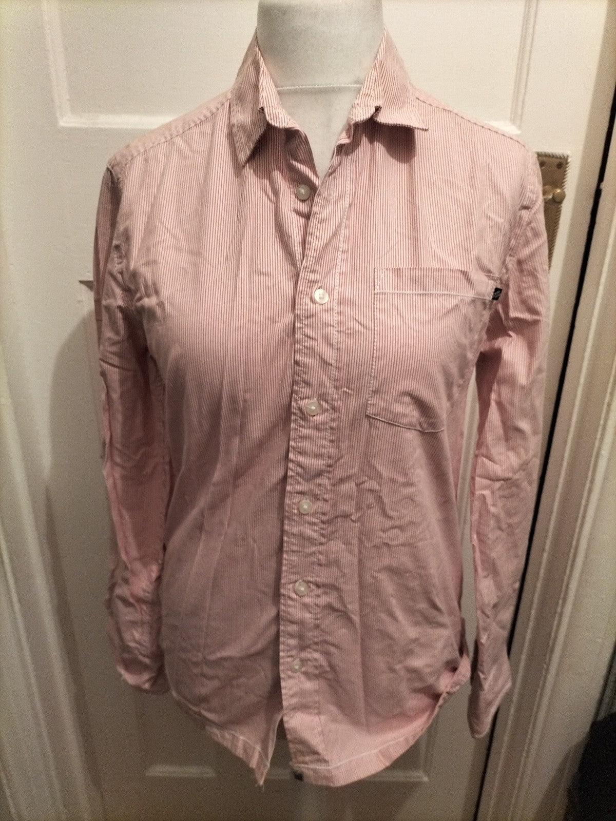 Mens Criminal Size Small Red And White Stripe Long Sleeved Shirt