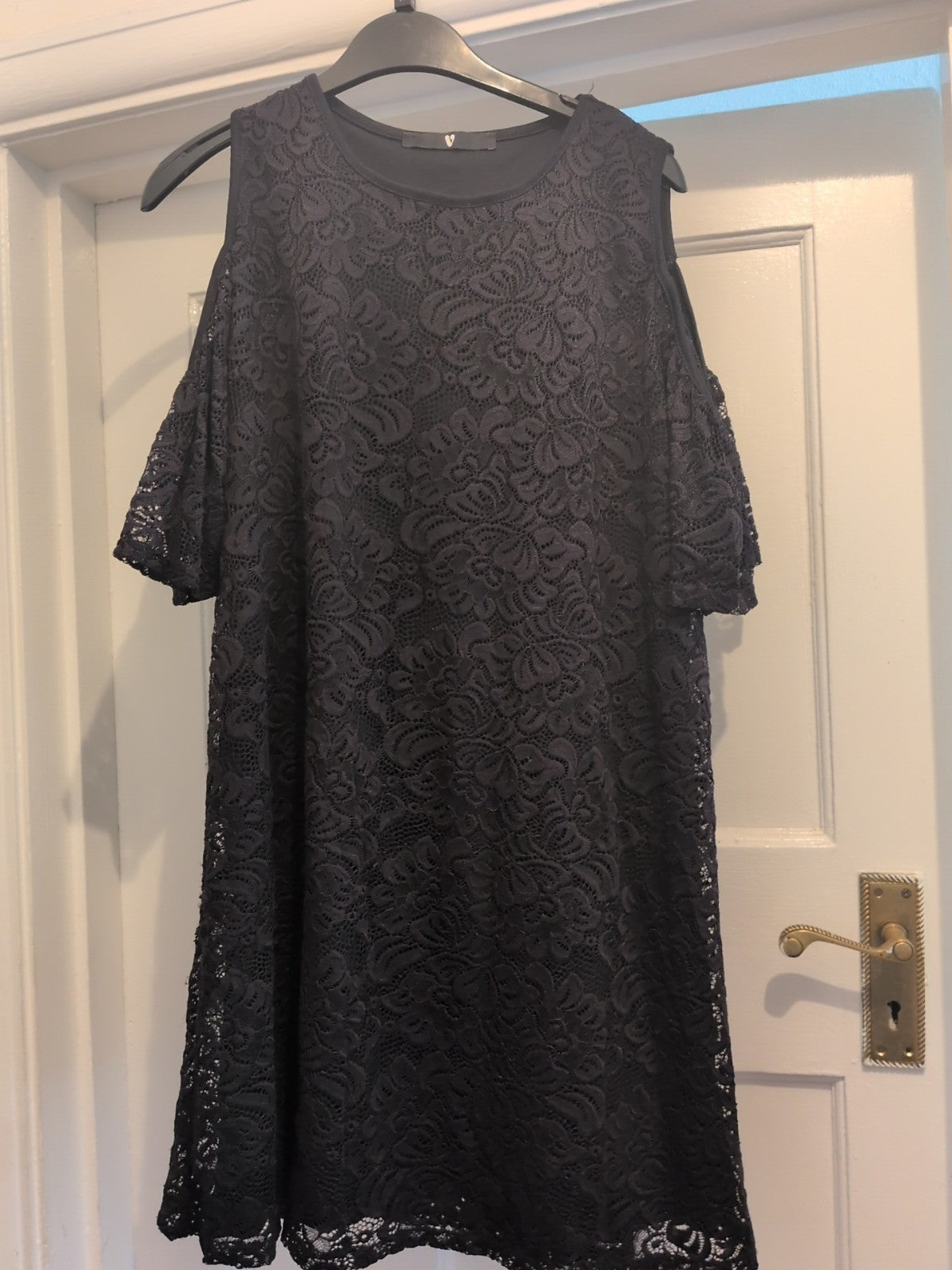 Very 18 Black Lace Lined Open Shoulder Dress Knee Length