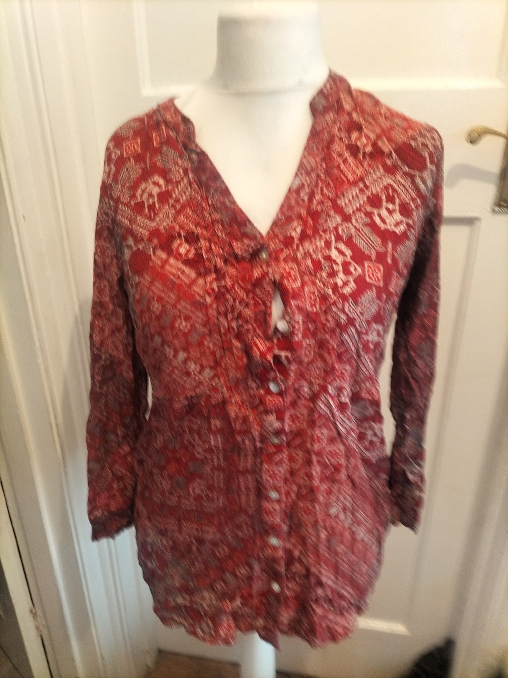 Bonmarche 14 Red And Beige Patterned Long Sleeve Blouse
