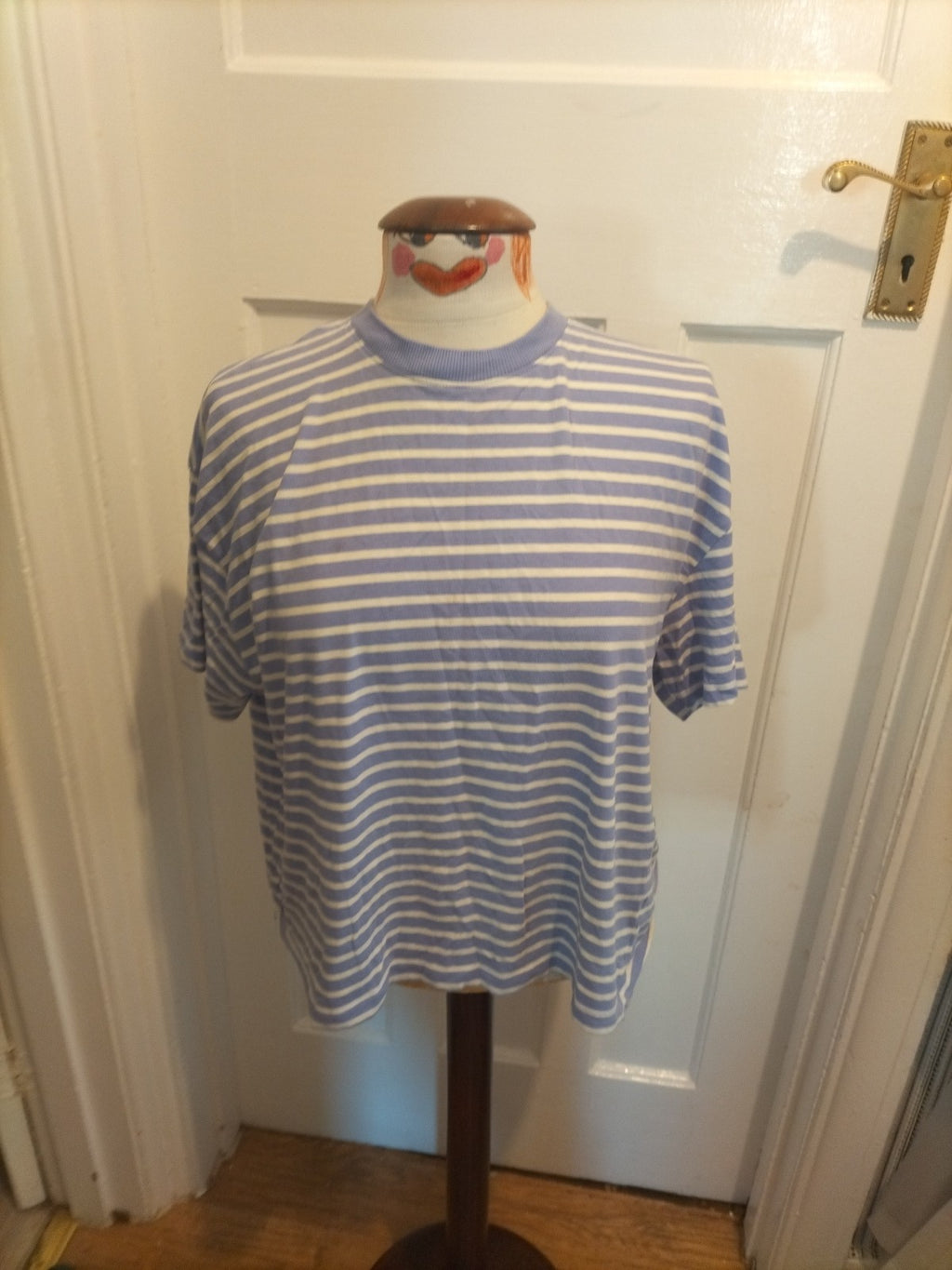 Ladies George Size 12 Purple And White Striped Short Sleeved Box Tee