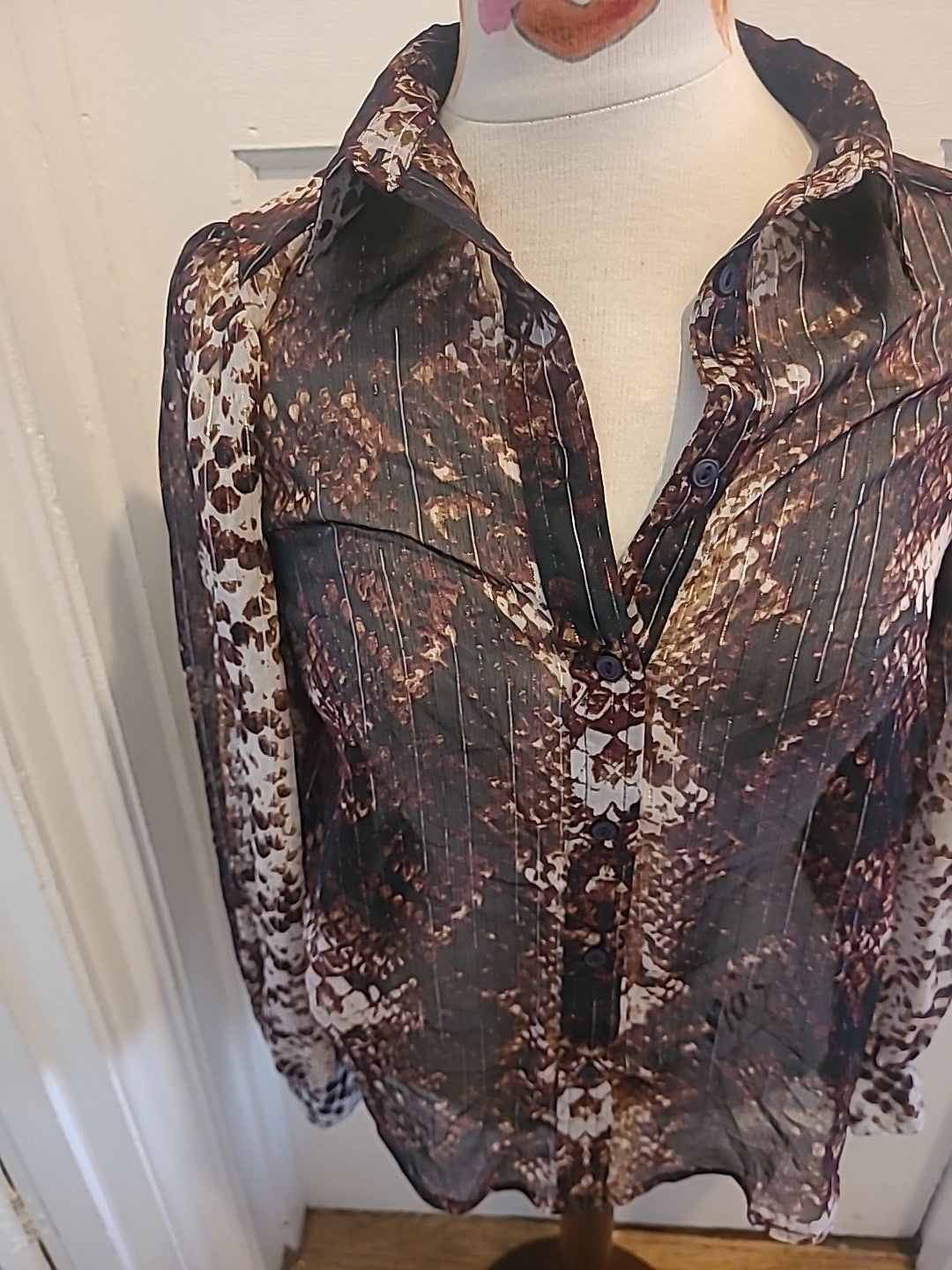 Ladies Next Size 10 Brown Cream See Through Long Sleeved Blouse
