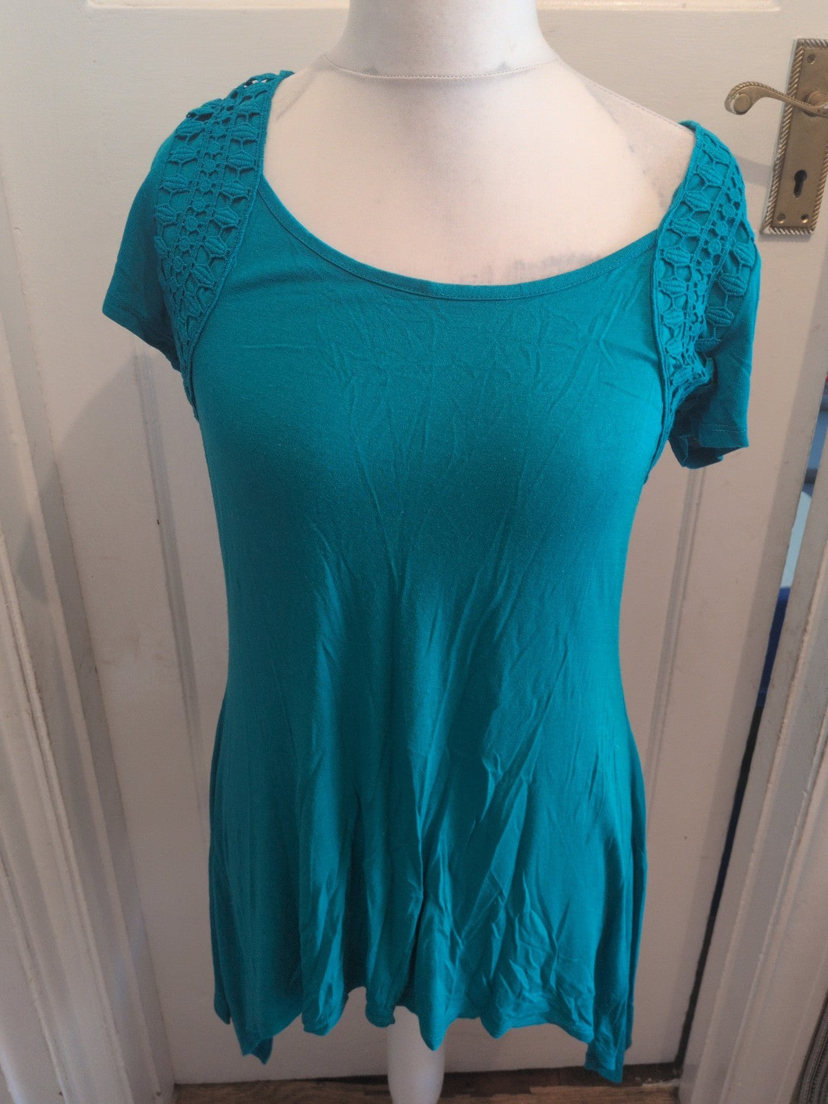 Ladies BM 14 Dark Aqua Turquoise Short Sleeve Flowy Blouse