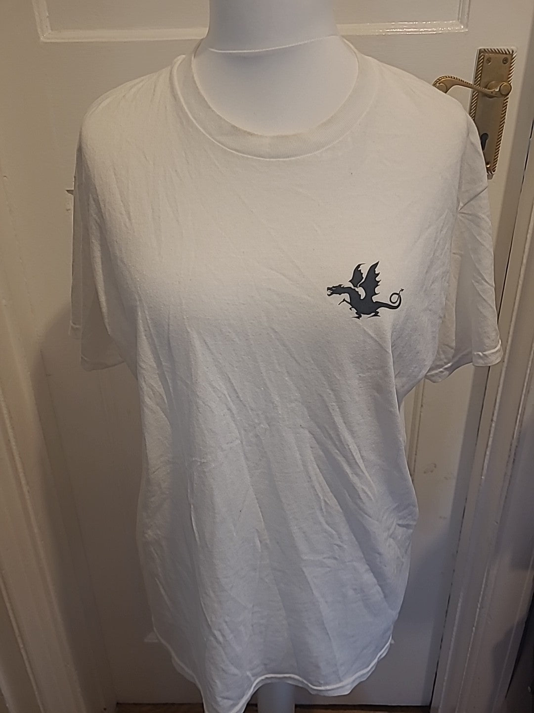 Ladies Gildan Size Large White With Printed Black Short Sleeved Tshirt