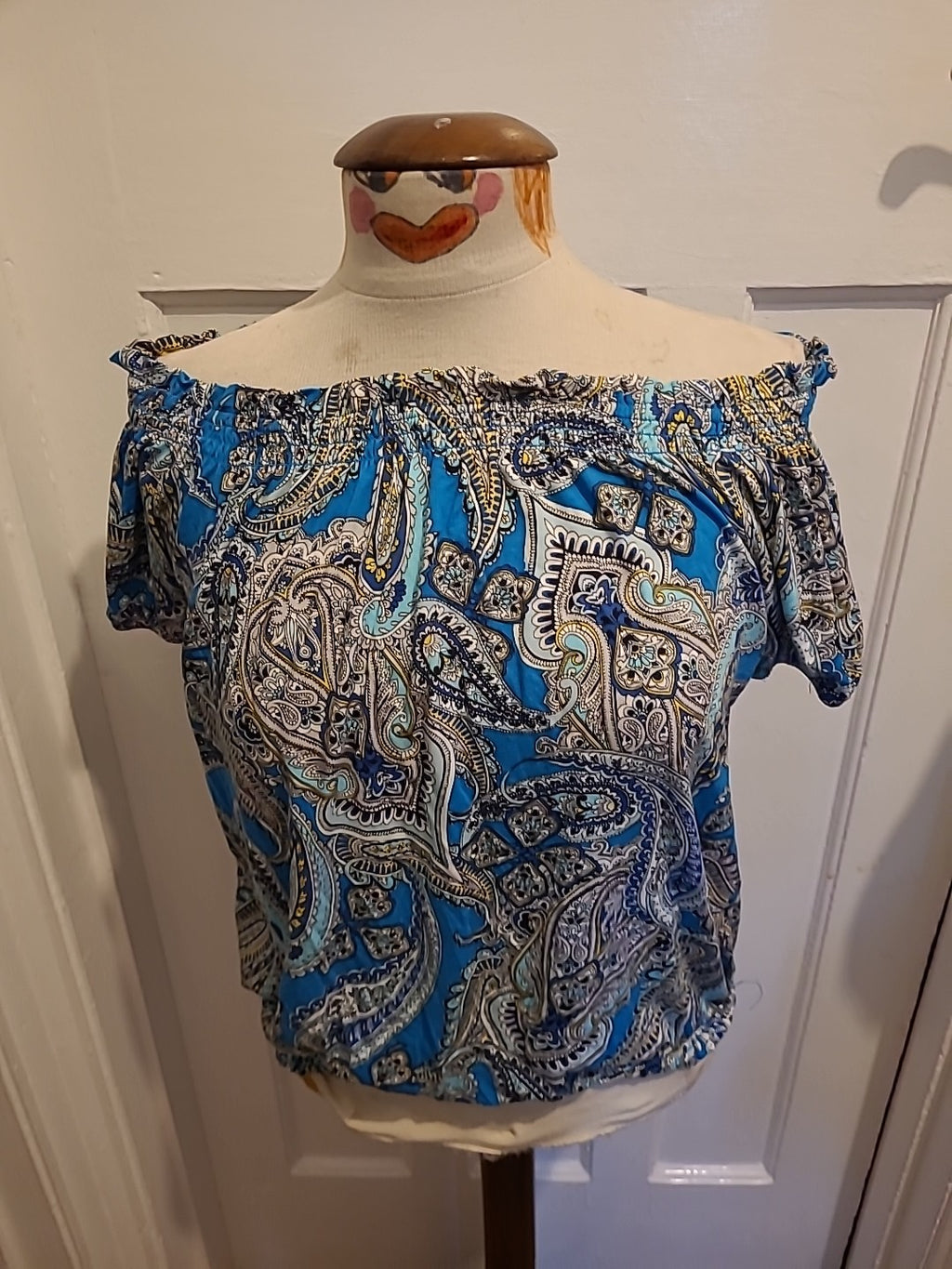 Ladies Dorothy Perkins Size 10 Blue/Yellow/Navy Aztec Short Sleeved Elasticated