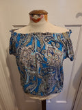 Ladies Dorothy Perkins Size 10 Blue/Yellow/Navy Aztec Short Sleeved Elasticated