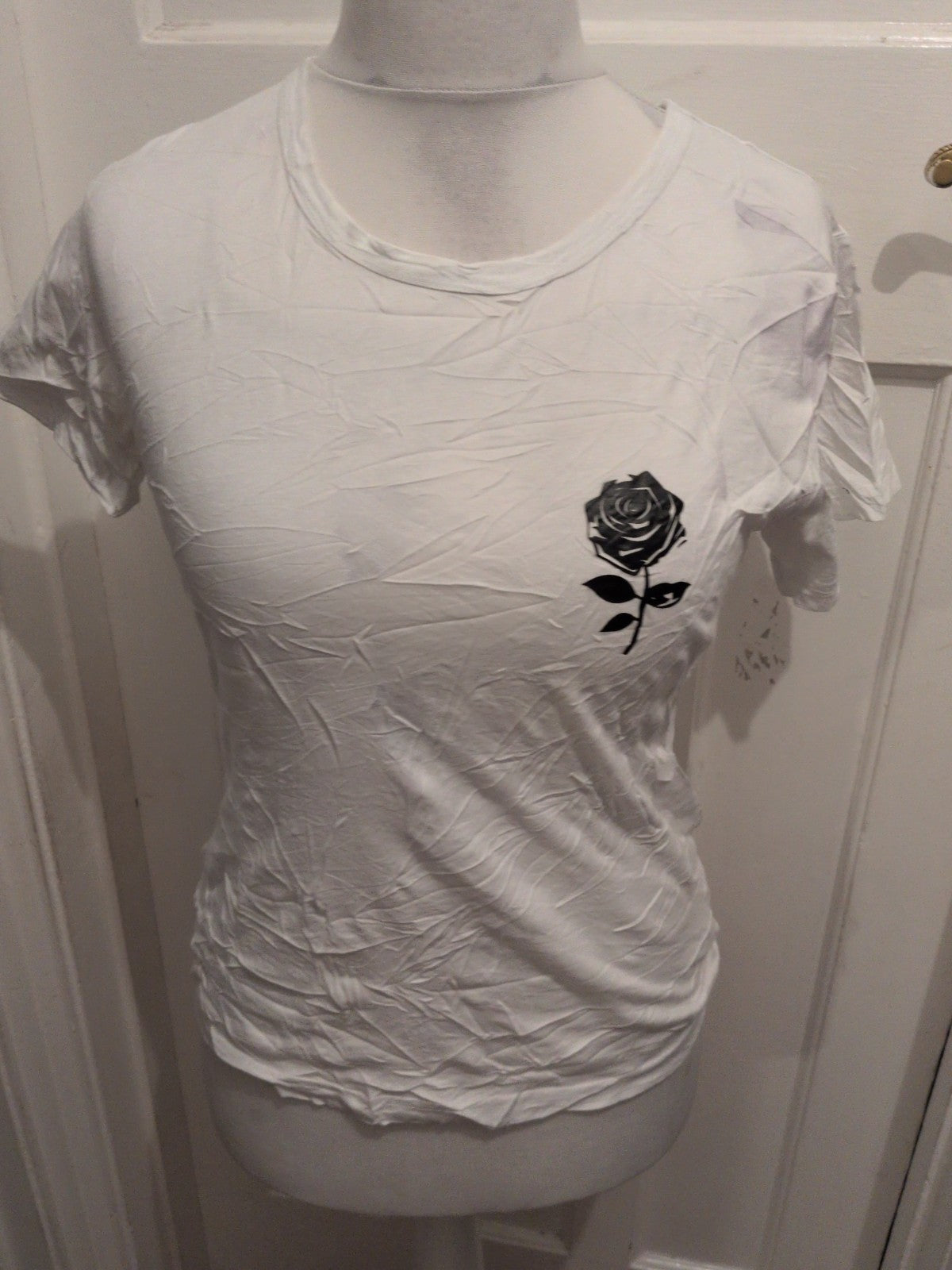 Shein Small White With Black Rose Short Sleeve T-shirt Ladies