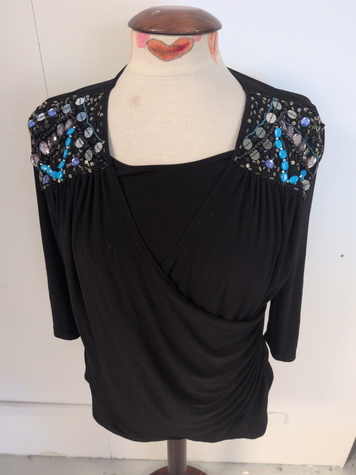 Anne Smith Medium Black Jewel Shoulder Half Sleeve Blouse