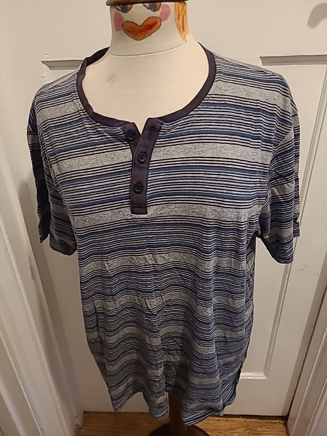 Mens George Size Large Grey Striped Short Sleeved Pyjama Top