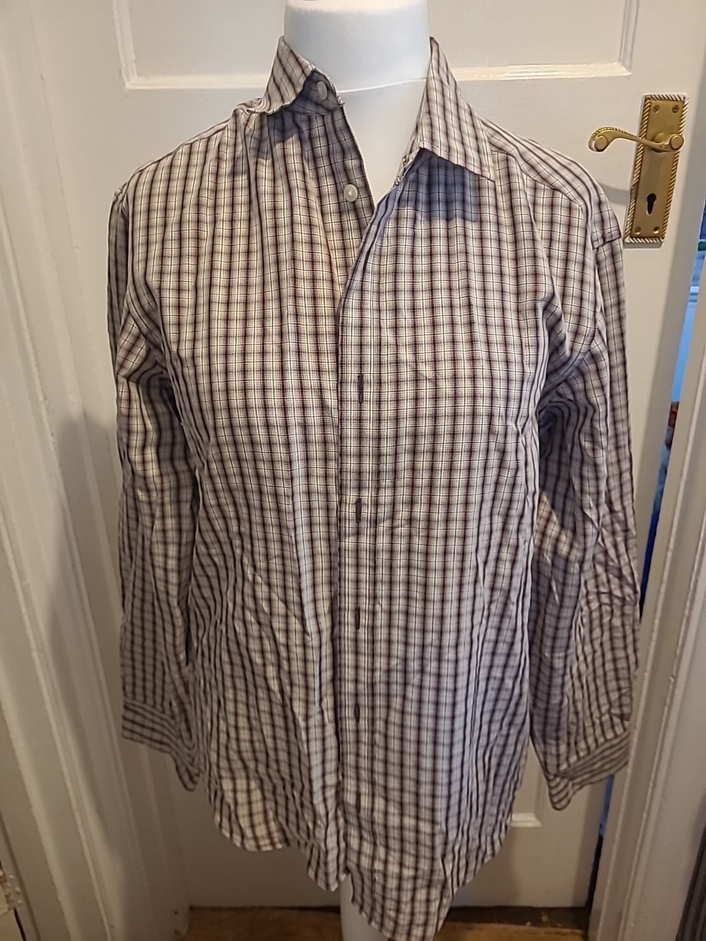 Mens Blue Harbour Size Medium Beige/Purple Check Long Sleeved Shirt