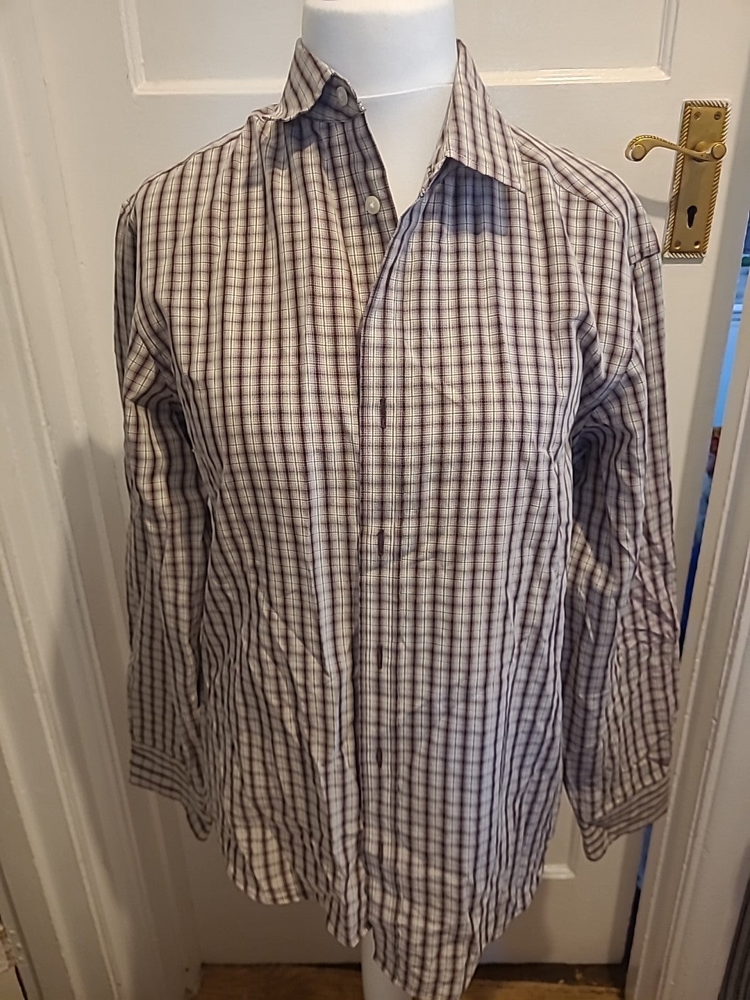 Mens Blue Harbour Size Medium Beige/Purple Check Long Sleeved Shirt
