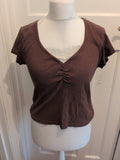 Text Large Brown V Neck Short Sleeve T-shirt