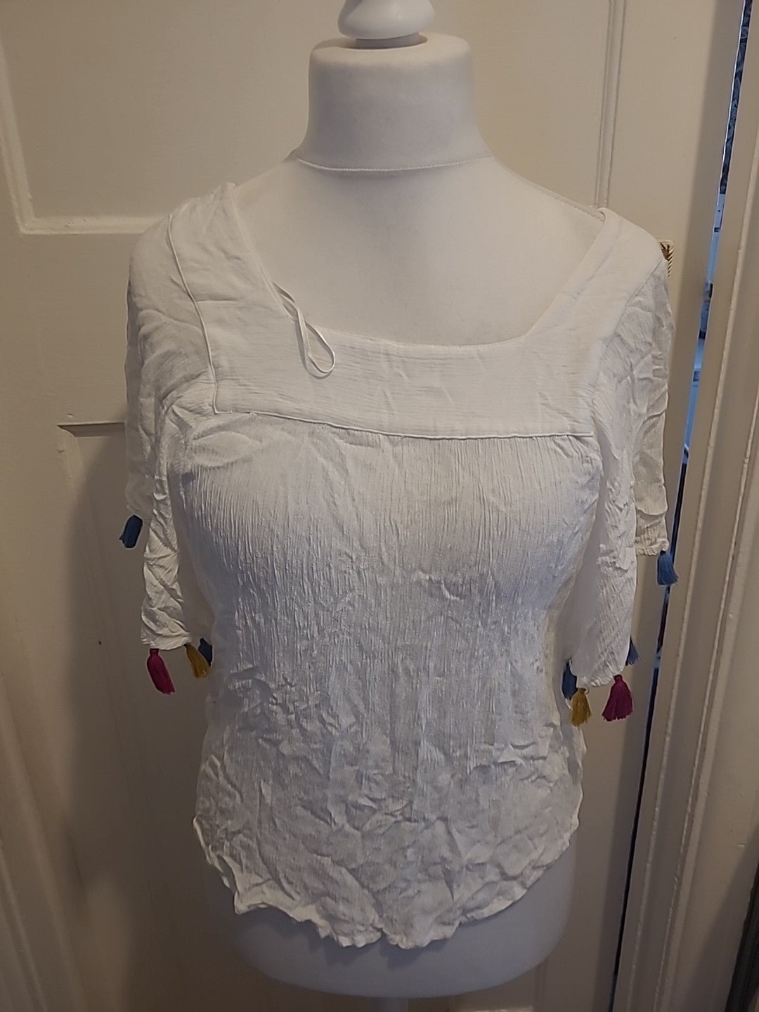 Ladies Tu Size 12 White Tassled Square Neck Blouse