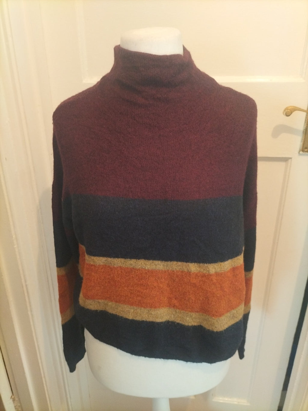 Ladies New Look Size Small Orange Navy Striped Long Sleeve Jumper