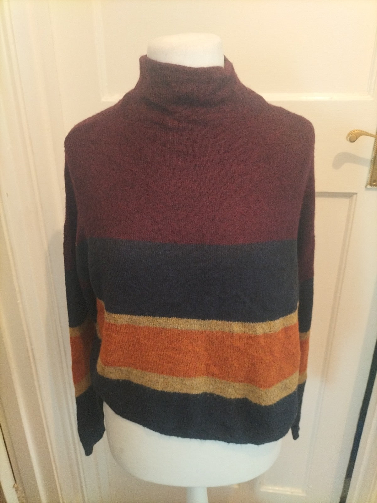 Ladies New Look Size Small Orange Navy Striped Long Sleeve Jumper