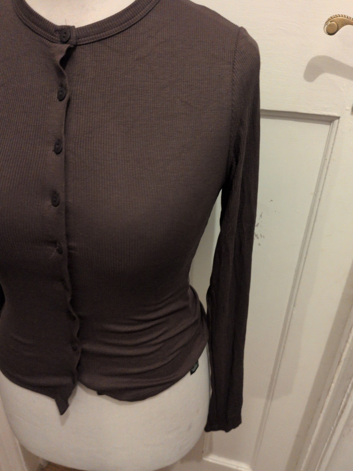 Prettylittlething 10 Dark Khaki Long Sleeve Buttoned Top