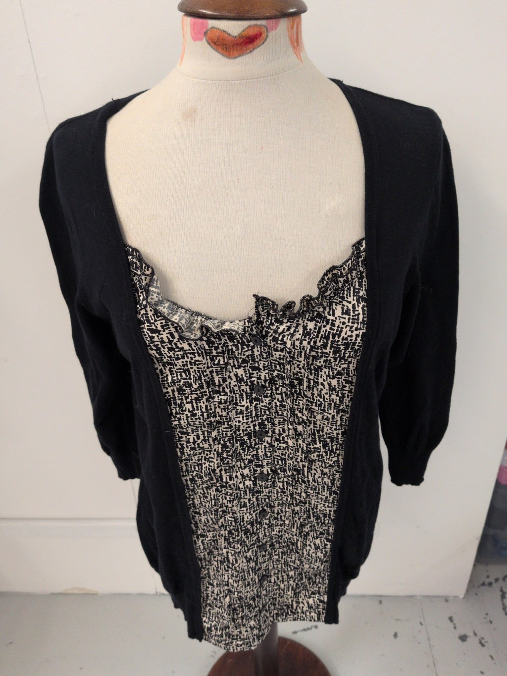 F&F 16 Black With Pattern Centre Long Sleeve Blouse
