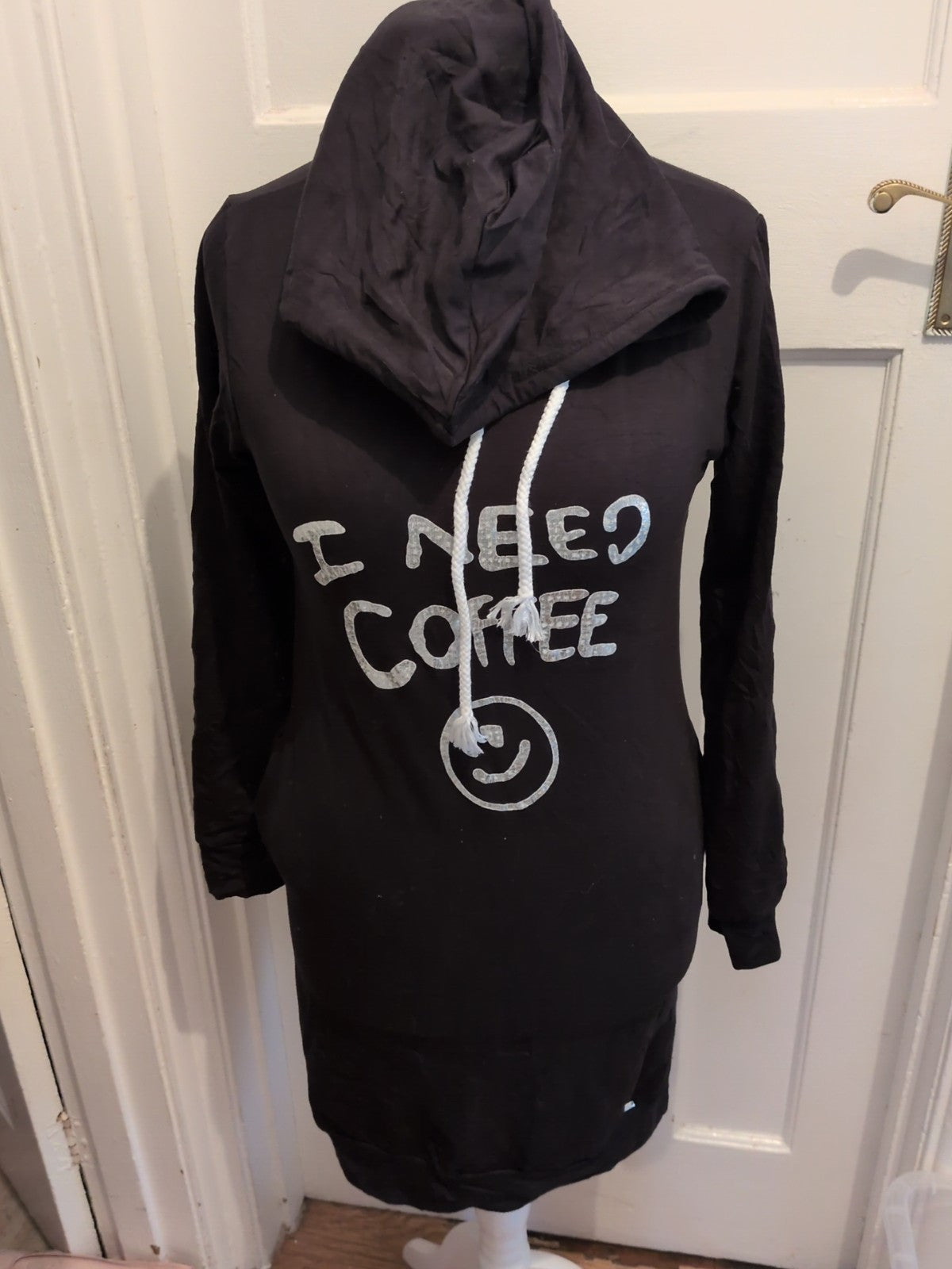 Ladies Size S-M Black I Need Coffee Long Sleeve Jumper Dress