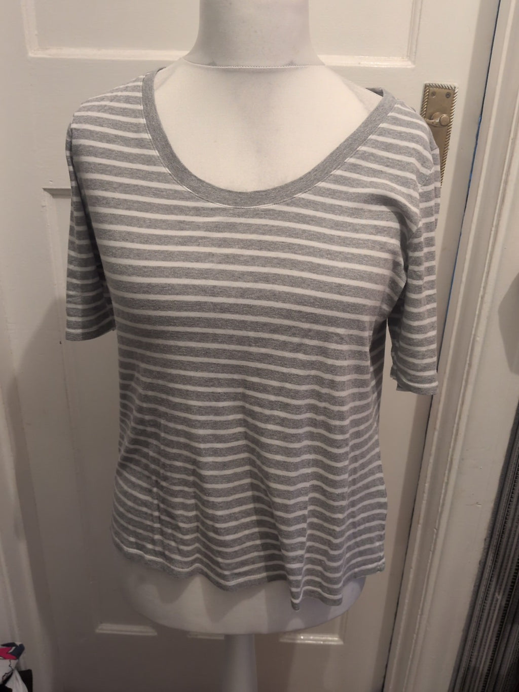 M&S 16 Grey With White Stripes Short Sleeve T-shirt