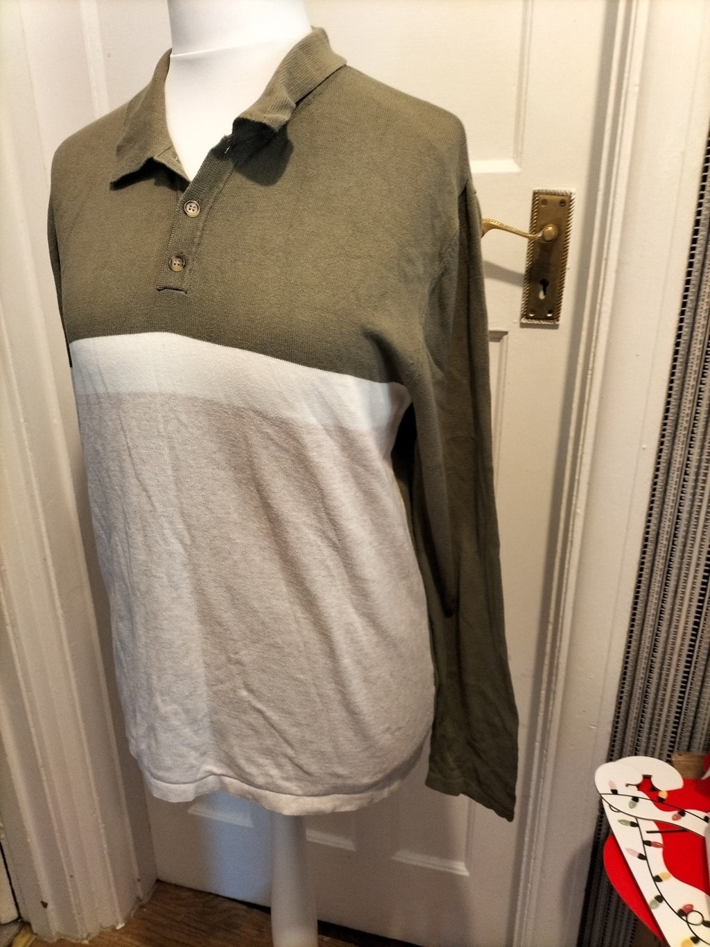 Mens River Island Size M Khaki White And Beige Long Sleeved Polo