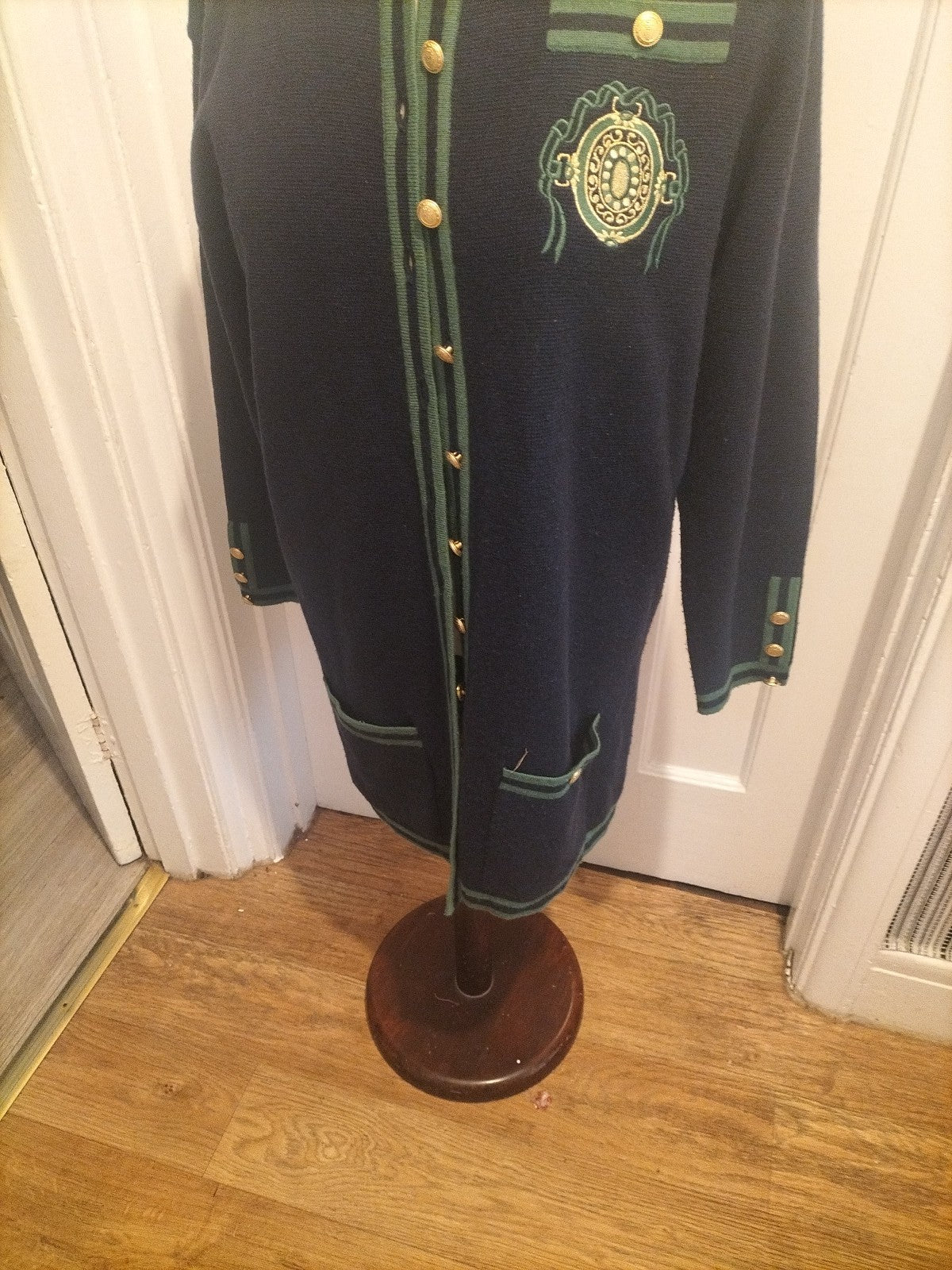Ladies Emreco Size Euro 36 Navy Green Trim Long Sleeved Cardigan