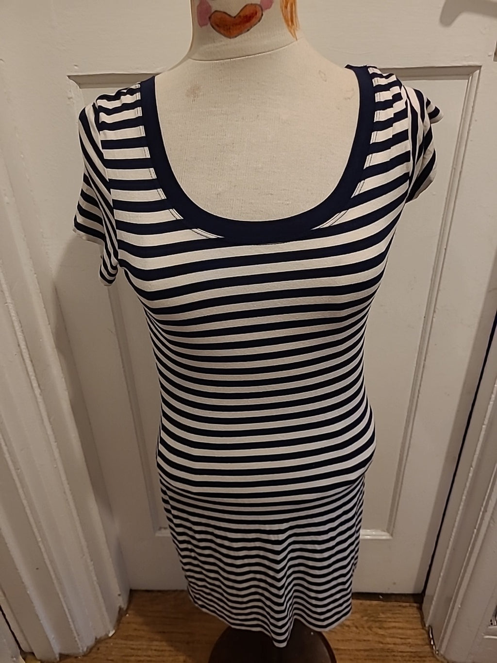 Ladies George Size 10 Black/White Striped Wide Neck Short Sleeved Pencil Dress