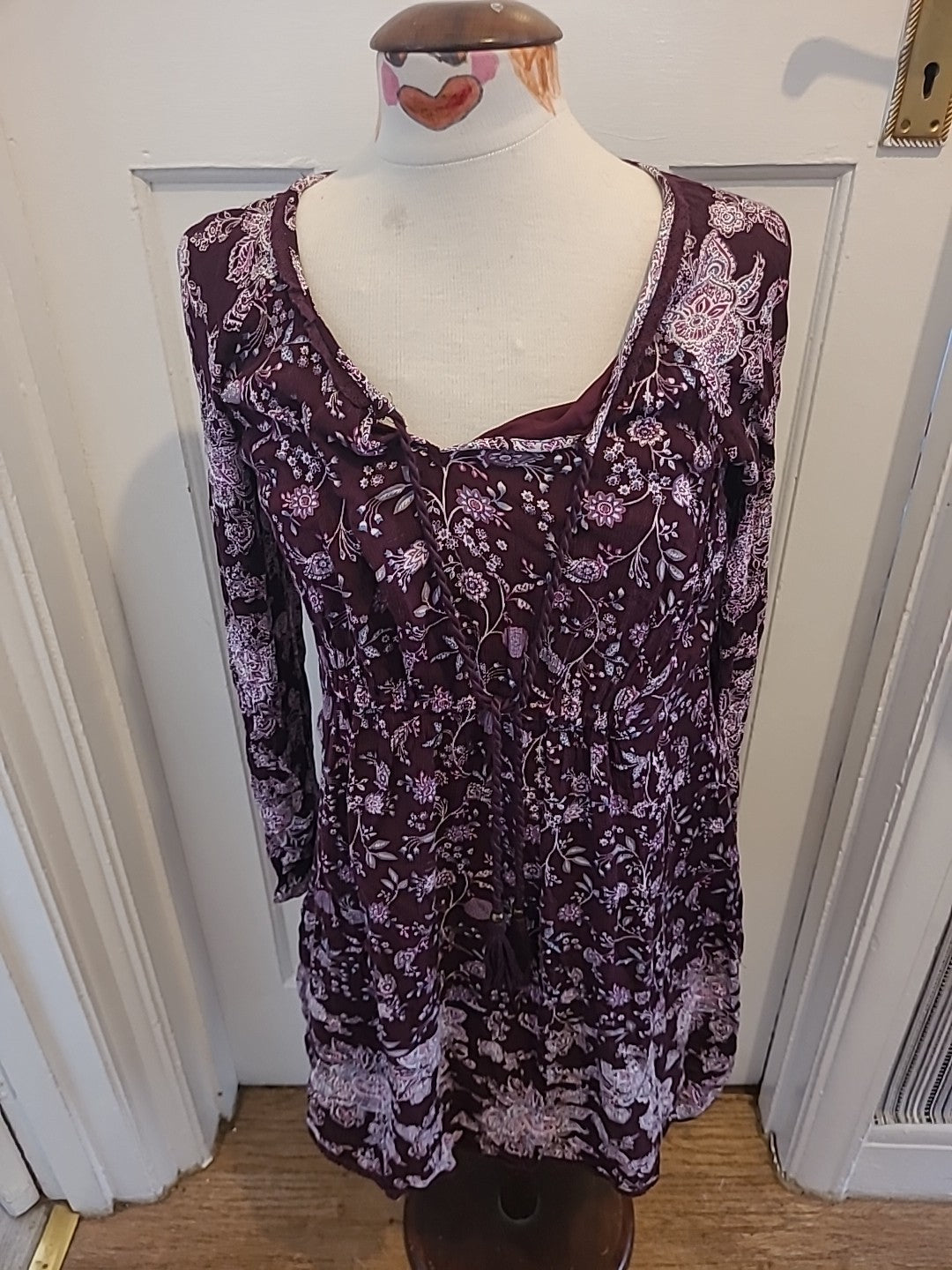 Ladies Matalan Size 8 Deep Purple Floral Lined Long Sleeved Dress