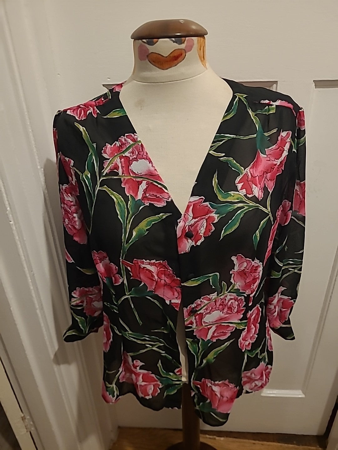 Ladies Size Large Cerise Black Floral Buttoned Blouse