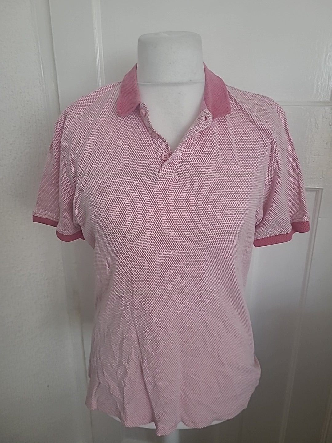 Mens 2nd Chapter Size Large Pink And White Short Sleeved Polo