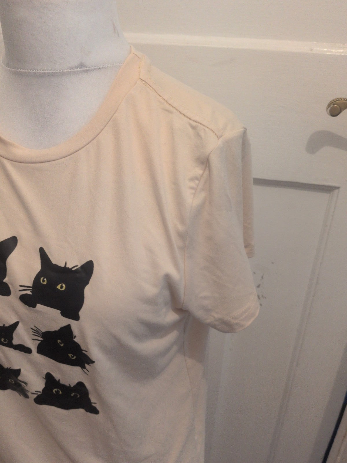 XL Beige With Black Cat Print Short Sleeve T-shirt