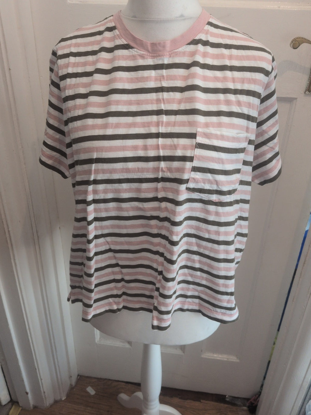 Ladies M&S Striped T Shirt Size 20 Khaki/pink/white Free Delivery
