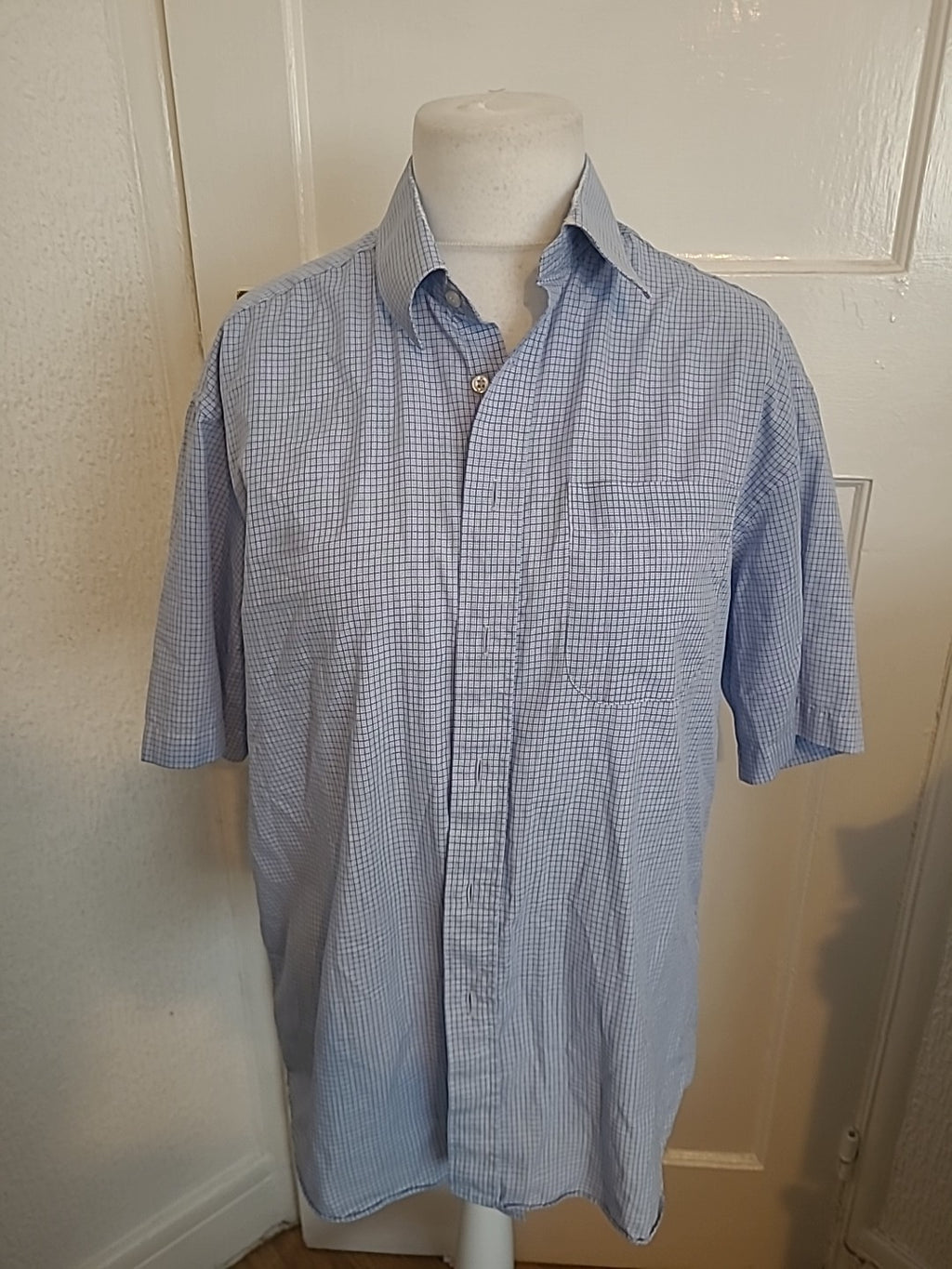 Mens St Michael Size 16 (41cm) Blue And White Short Sleeved Shirt Marked Neck