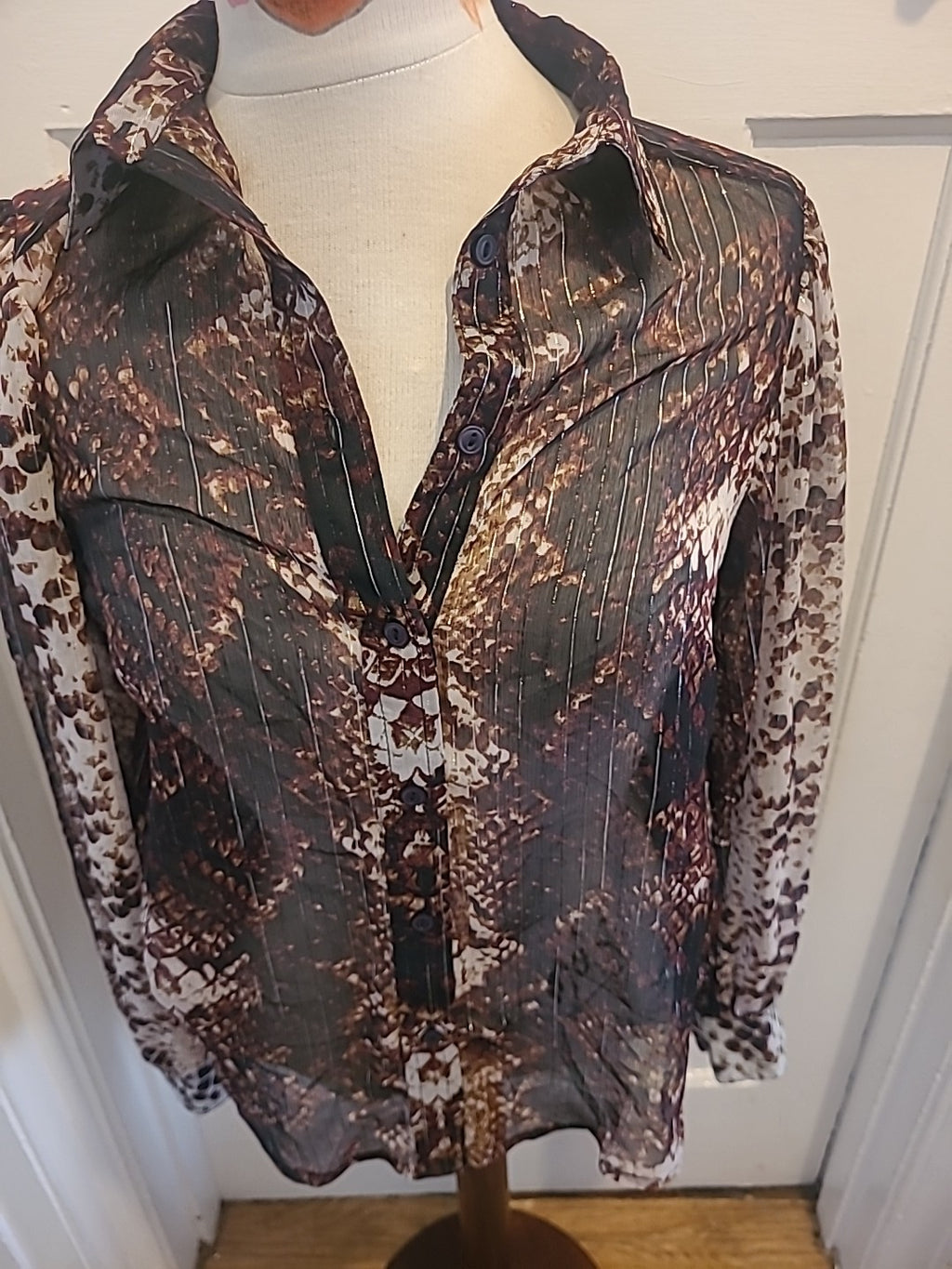 Ladies Next Size 10 Brown Cream See Through Long Sleeved Blouse